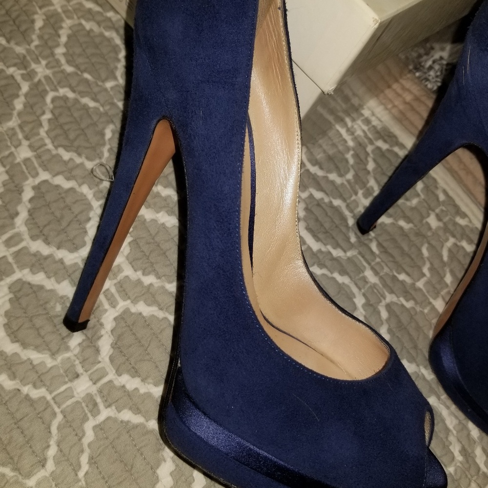 Casadei Blue Suede Platform Peekaboo Pumps - Picture 5 of 7